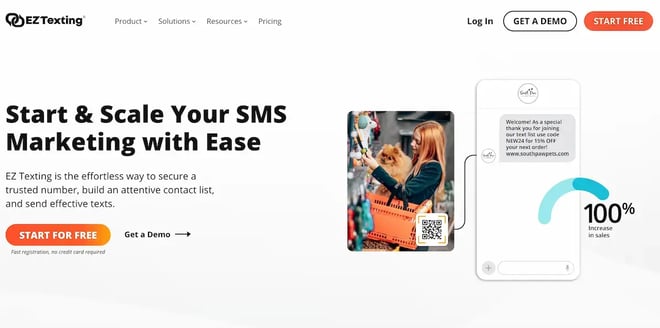 Home page screenshot of EZ Texting SMS marketing platform.