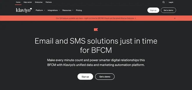 Klaviyo email and SMS marketing platform home page screenshot.