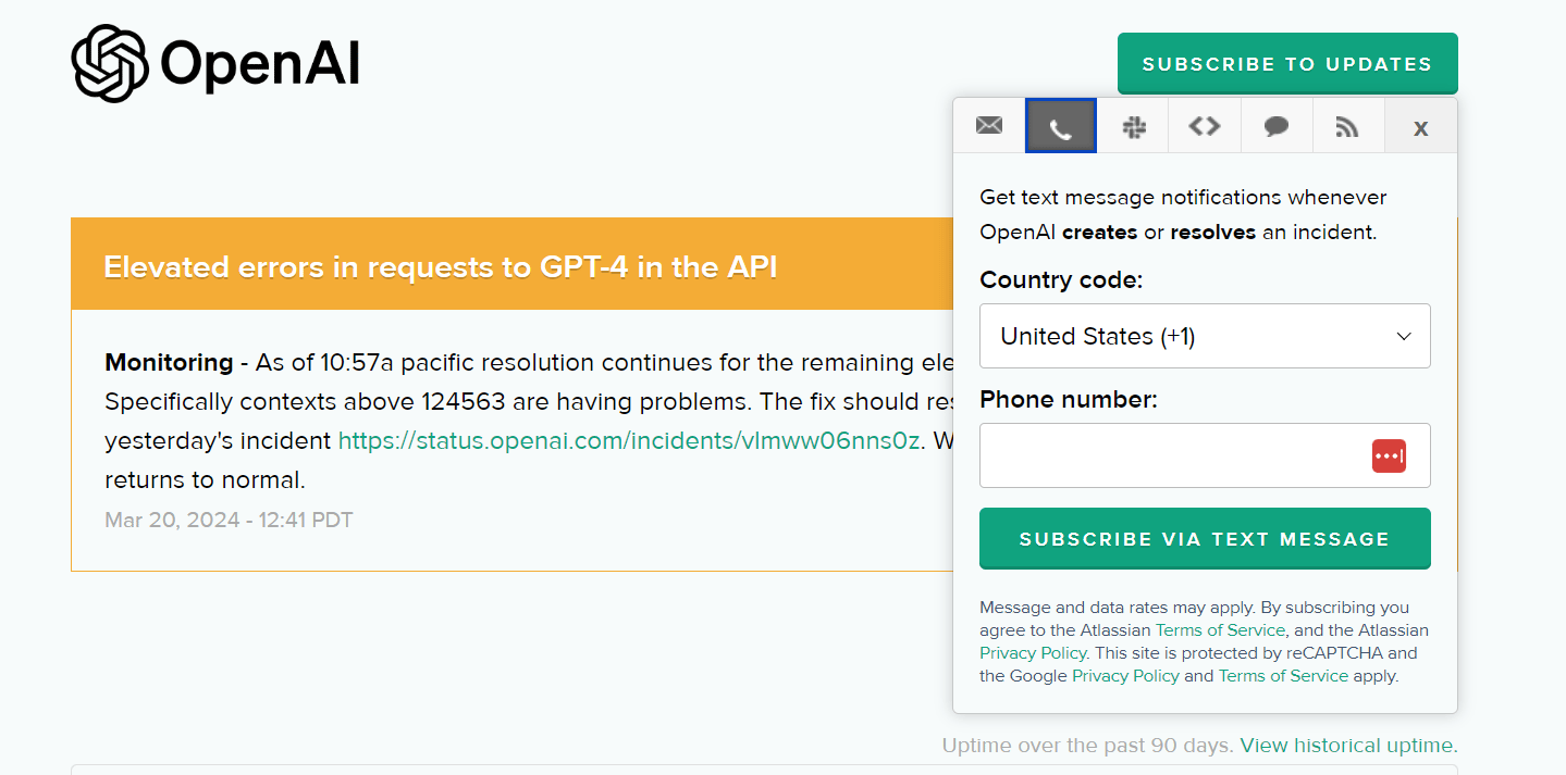 screenshot of OpenAI's automated SMS notifications taken on March 20th 2024