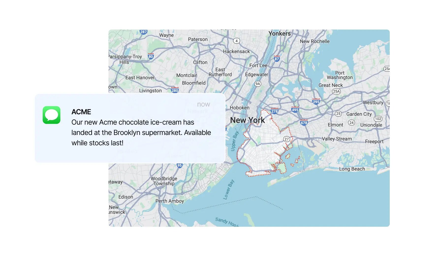 map of NY showing segmented audience getting an sms about cpg product