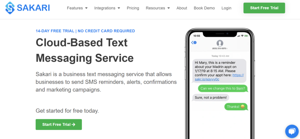 sakari website screenshot cloud-based text messaging service sms marketing platforms