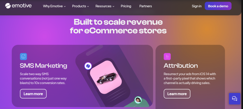 emotive website screenshot, purple background with white text saying built to scale revenue for ecommerce stores